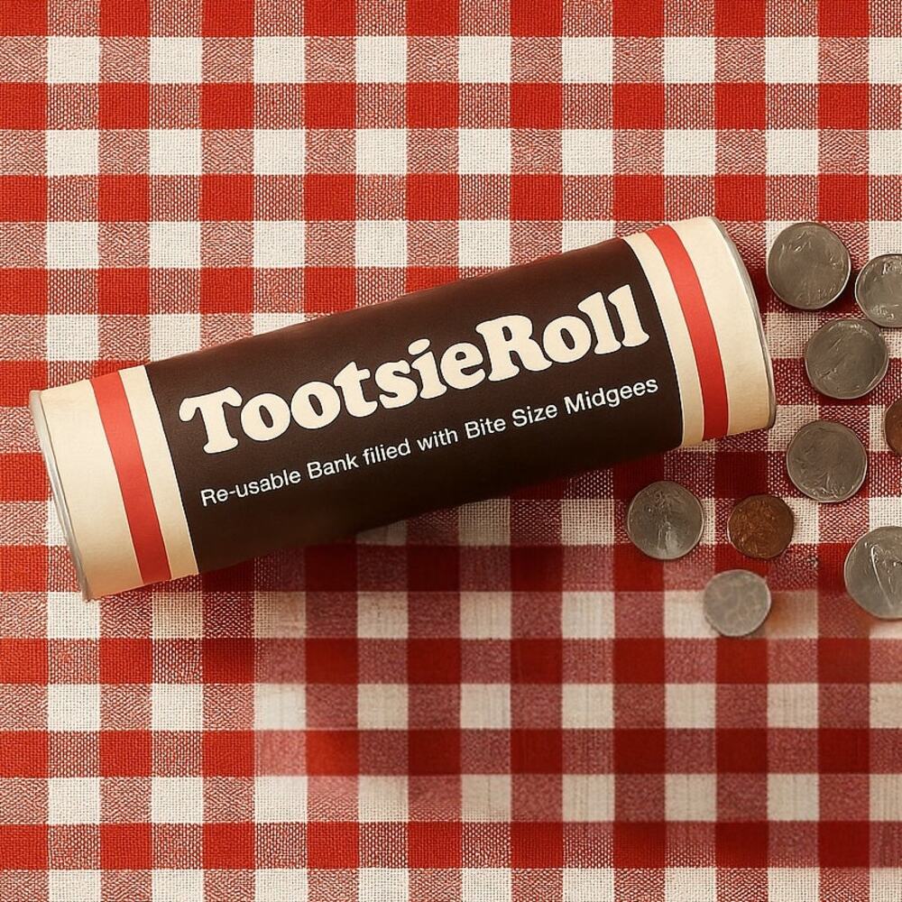 Vintage 1970s Tootsie Roll Coin Bank – 7.5” Tall Retro Reusable Promotional Bank